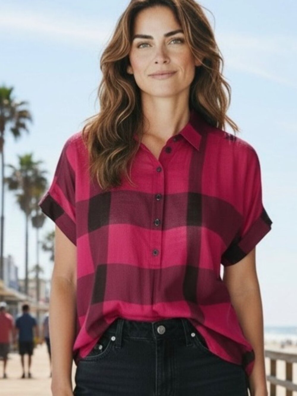 Burberry Pink and Black Plaid Short-Sleeve Button-Up Blouse
